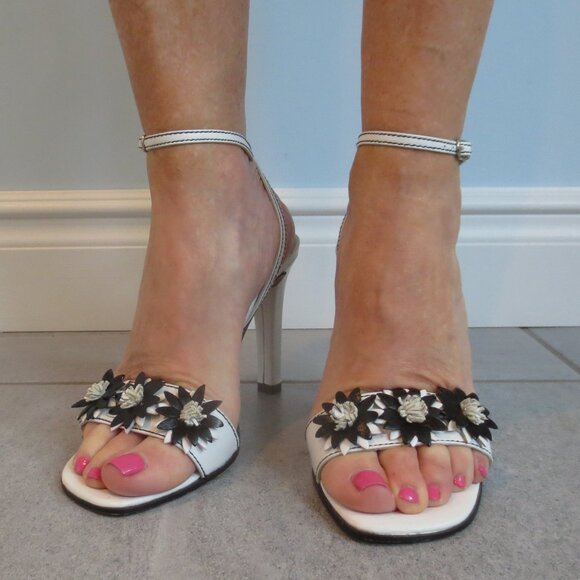 CHARLES DAVID White and Black Decorated High Heel Ankle Strap Sandals - Picture 1 of 9